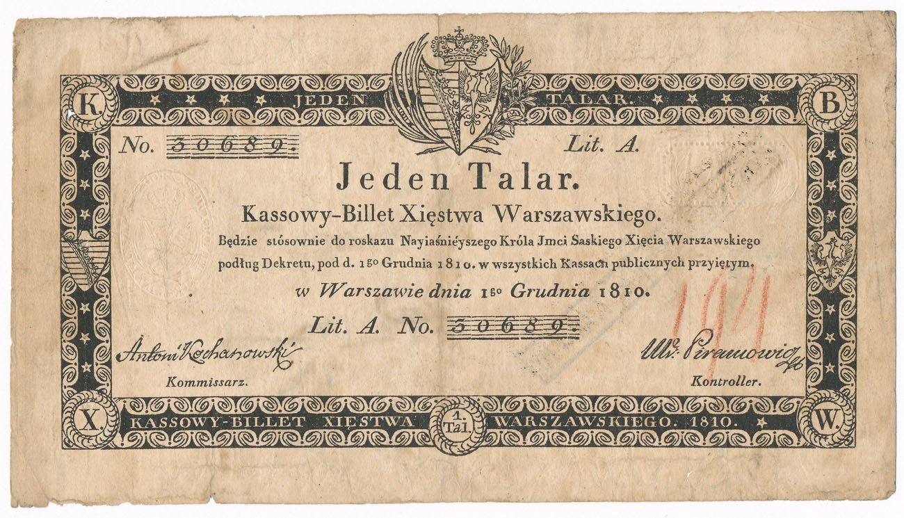 Banknot. Księstwo Warszawskie, 1 talar 1810 seria A, Kochanowski/Piramowicz